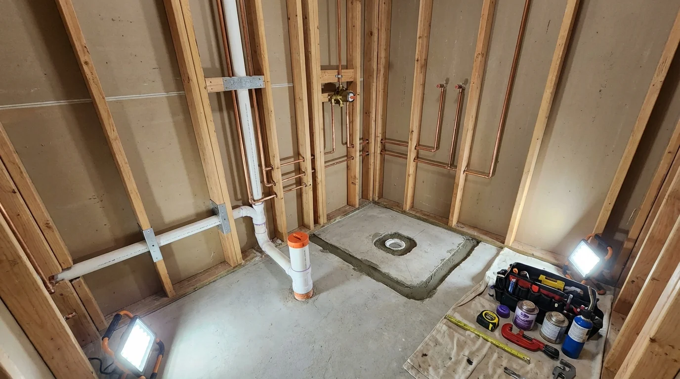 Bathroom rough-in plumbing during remodel by Johns Plumbing LLC in Oceanport