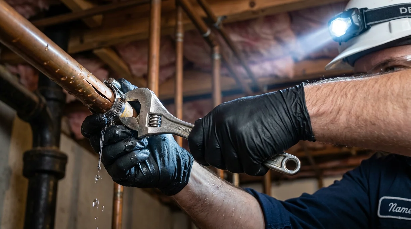 Emergency pipe clamp repair being performed by a Johns Plumbing LLC plumber in Oceanport