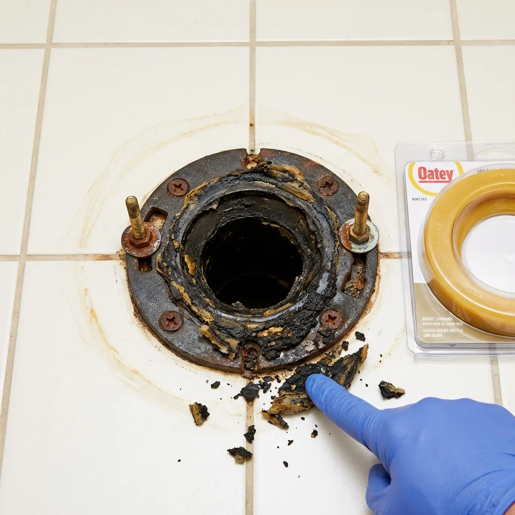 Failed wax ring showing water seepage at the base of a toilet in a Oceanport, NJ home